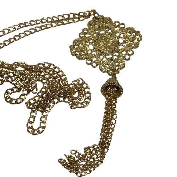 Gold Tone Necklace Long Chain Trangular Pendant with Tassel - Picture 2 of 7